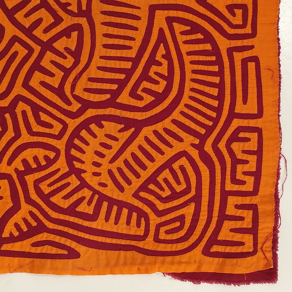 Escher Like Mola Orange & Red Abstract and Vibrant Hand Crafted Textile 15x19 - Picture 4 of 9